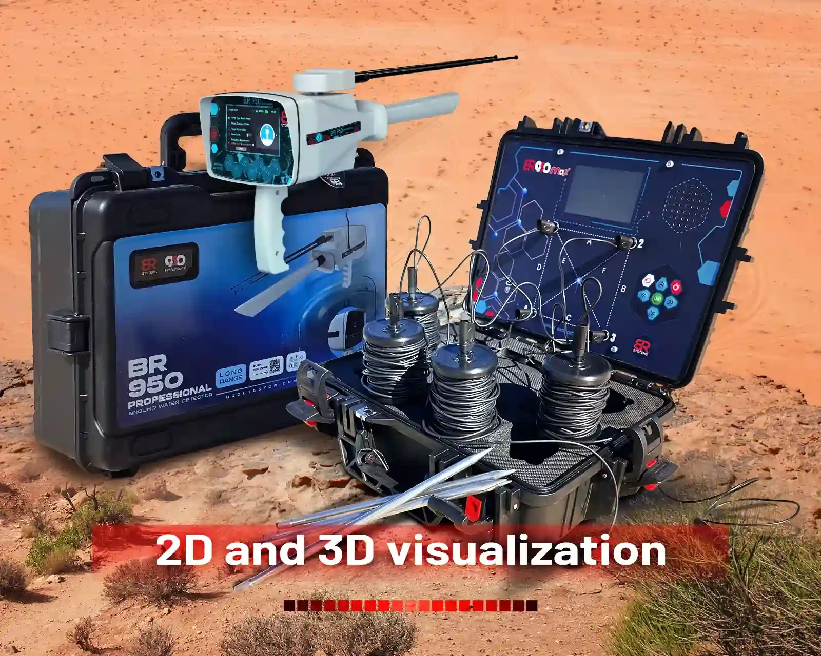 BR 950 Max groundwater detector displaying 2D and 3D visualization for underground water detection and analysis.