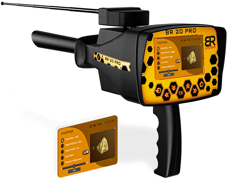 BR20 Pro gold detector featuring advanced detection technology for locating gold targets and conducting professional exploration.
